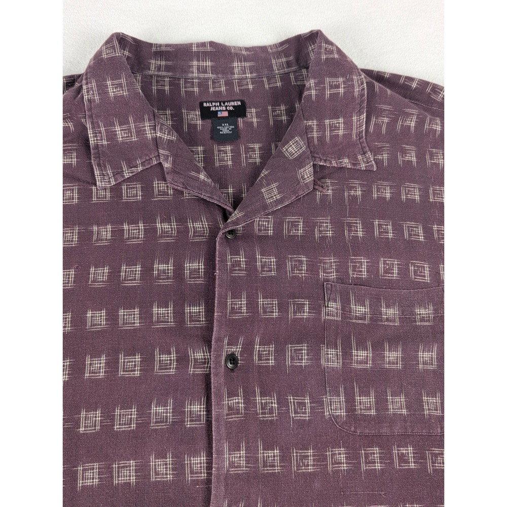 Ralph Lauren Jeans Co Mens XXL Burgundy Geometric Grid Cotton Short Sleeve Shirt - Picture 2 of 9